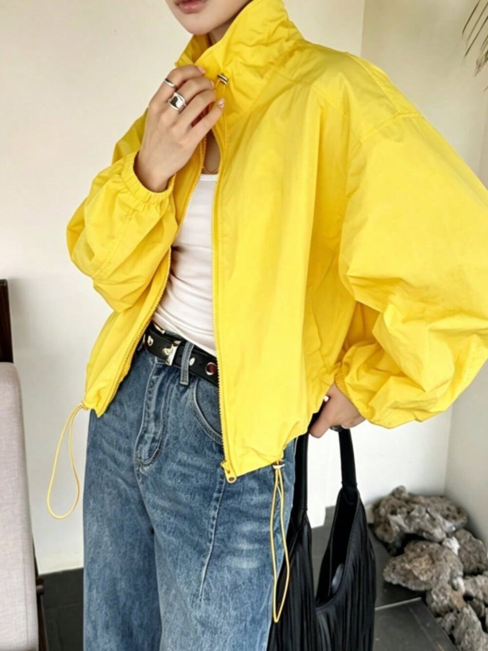 Yellow Casual Women's Loose Fit Short Zip Funnel Collar Lightweight Jacket - Picture 6 of 8